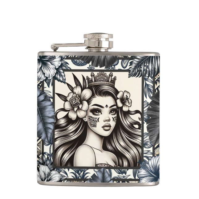 Polynesian Princess Blue Floral Tribal Flask (Front)