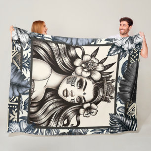 Polynesian Princess Blue Floral Tribal Fleece Blanket