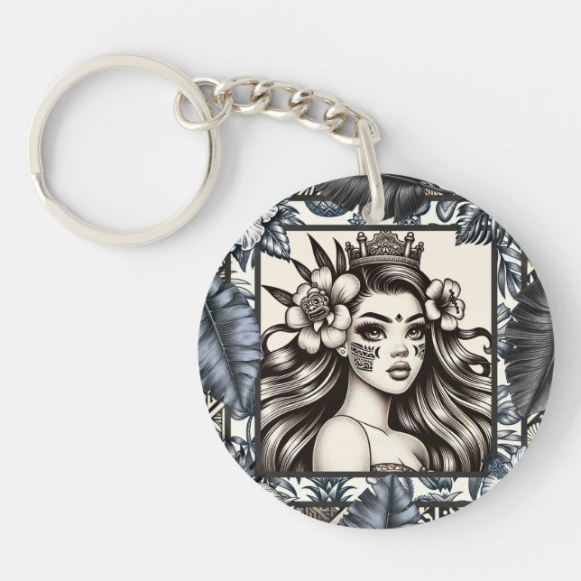 Polynesian Princess Blue Floral Tribal Keychain (Front)