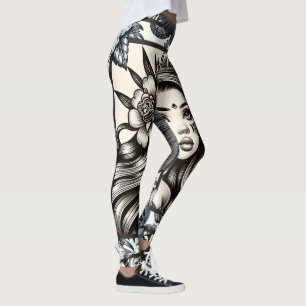 Polynesian Princess Blue Floral Tribal Leggings