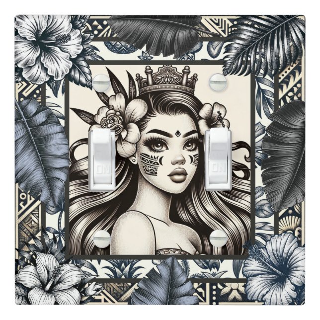 Polynesian Princess Blue Floral Tribal Light Switch Cover (In Situ)