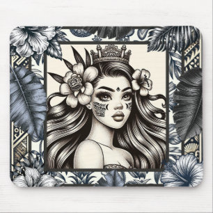 Polynesian Princess Blue Floral Tribal Mouse Pad