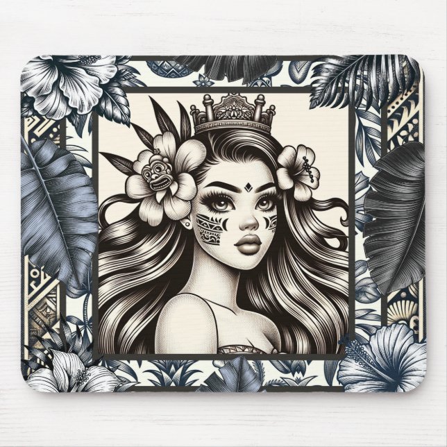 Polynesian Princess Blue Floral Tribal Mouse Pad (Front)