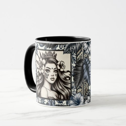 Polynesian Princess Blue Floral Tribal Mug