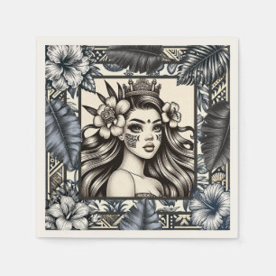 Polynesian Princess Blue Floral Tribal Napkins