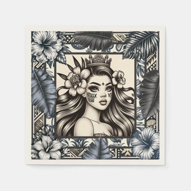Polynesian Princess Blue Floral Tribal Napkins (Front)