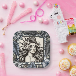 Polynesian Princess Blue Floral Tribal Paper Plates