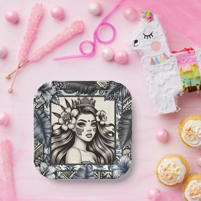 Polynesian Princess Blue Floral Tribal Paper Plates (Party)