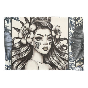 Polynesian Princess Blue Floral Tribal Pillow Case