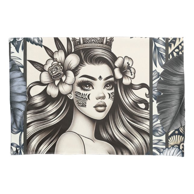 Polynesian Princess Blue Floral Tribal Pillow Case (Front)