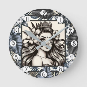 Polynesian Princess Blue Floral Tribal Round Clock