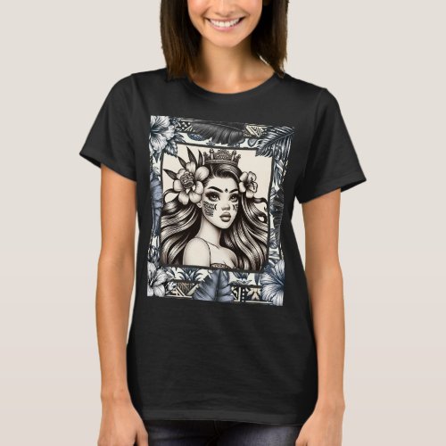 Polynesian Princess Blue Floral Tribal T_Shirt