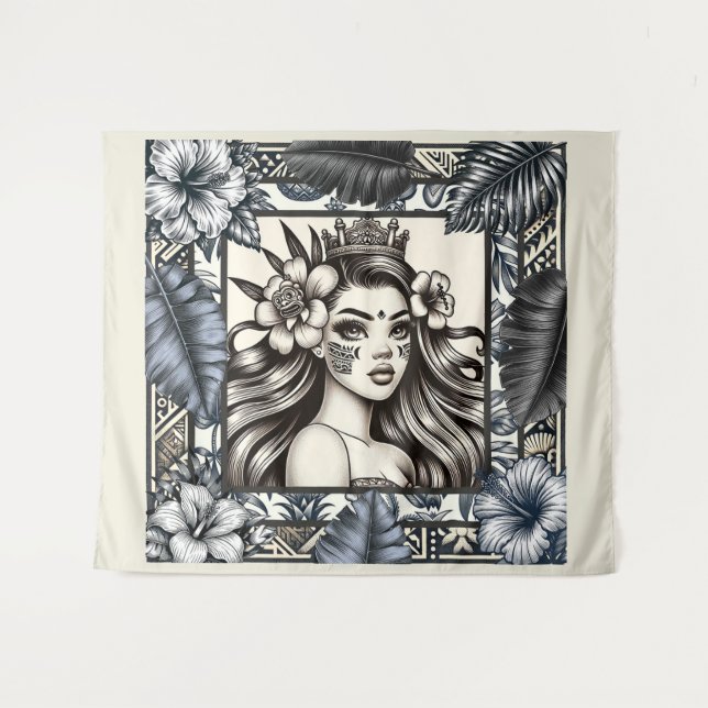 Polynesian Princess Blue Floral Tribal Tapestry (Front (Horizontal))