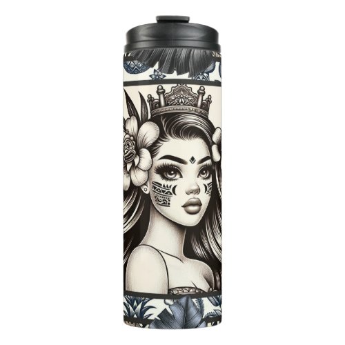 Polynesian Princess Blue Floral Tribal Thermal Tumbler