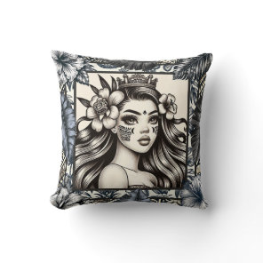 Polynesian Princess Blue Floral Tribal Throw Pillow