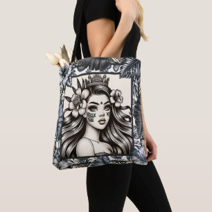 Polynesian Princess Blue Floral Tribal Tote Bag
