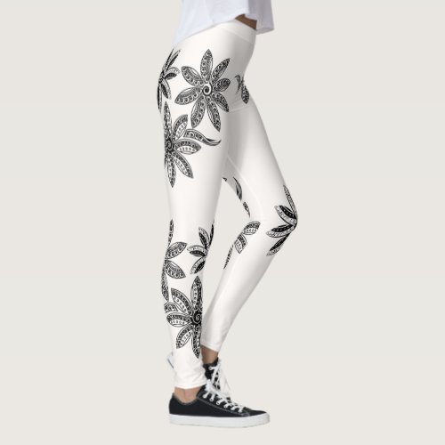 Polynesian Tattoo Floral Black White Line Art Leggings
