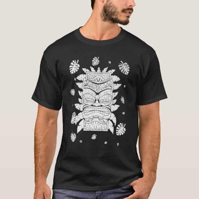 Polynesian Tiki Mask Monstera Leaves Hawaiian Luau T-Shirt (Front)
