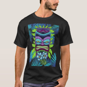 Polynesian Tiki Mask Tropical Flowers Hawaii Luau T-Shirt