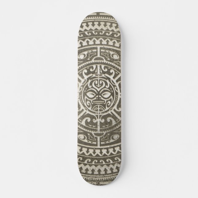 Polynesian Tribal Face Brown Skateboard Deck (Front)