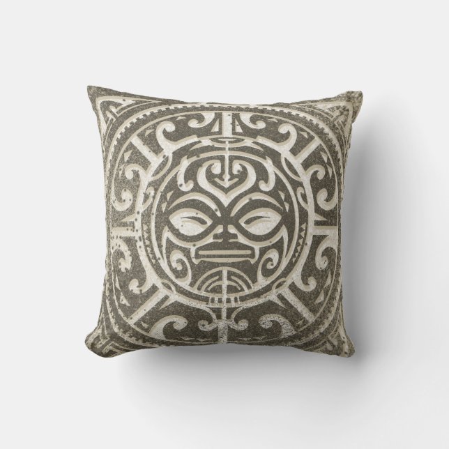 Polynesian Tribal Face Brown Throw Pillow (Front)