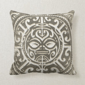 Polynesian Tribal Face Brown Throw Pillow