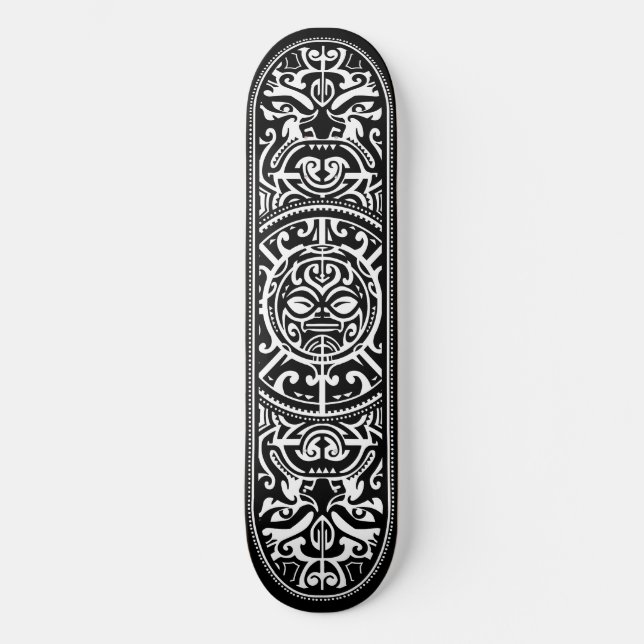 Polynesian Tribal Face Wood Grain Skateboard Deck (Front)
