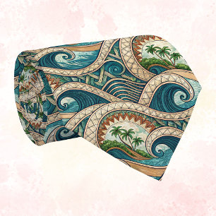 Polynesian Tropical Wave Palm Trees Pattern Name Neck Tie