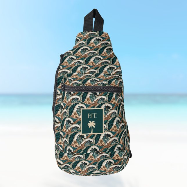 Polynesian Tropical Waves Palm Tree Monogram Sling Bag (Creator Uploaded)