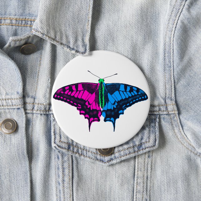 Polysexual Pride Flag Swallowtail Butterfly Button (In Situ)