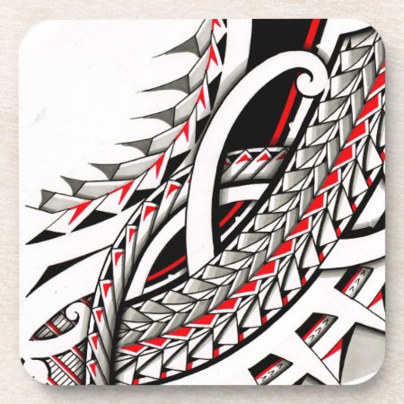 Polytat Tribal Tatau Spearhead Red Warrior Symbols Coaster