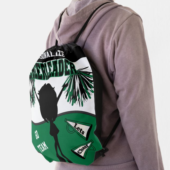 Pom Pom Cheerleader | Dark Green White Black Drawstring Bag (Insitu)