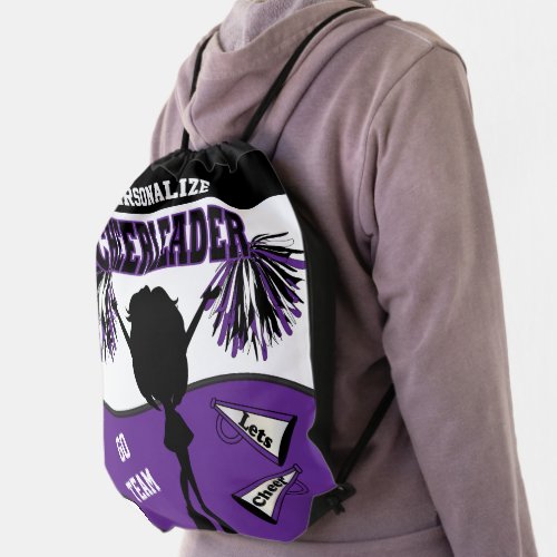 Pom Pom Cheerleader in Purple White  Black Drawstring Bag