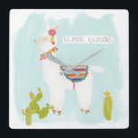 Pom Pom Llama Rama- Llater Llosers Square Wall Clock<br><div class="desc">Pom Pom Llama Rama IV by June Erica Vess. Features a relaxed llama with the phrase "Llater Llosers."</div>