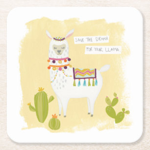 Pom Pom Llama Rama- Save the Drama for Your Llama Square Paper Coaster