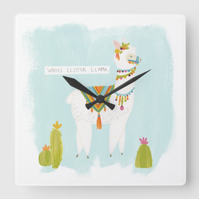 Pom Pom Llama Rama - Whole Lotta Llama Square Wall Clock (Front)