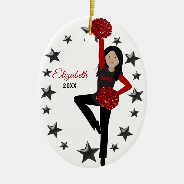 Pom Squad Black Hair Red & Black Ceramic Ornament (Front)