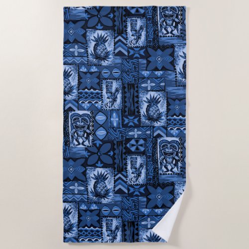 Pomaikai Tiki Hawaiian Vintage Tapa _ Navy Beach Towel