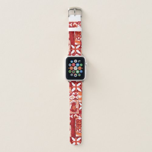 Pomaikai Tiki Hawaiian Vintage Tapa _Red Apple Watch Band