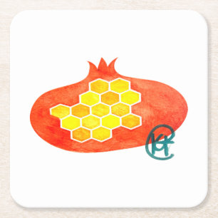 Pomegranate and Honeycomb Rosh Hashana Art Square Paper Coaster