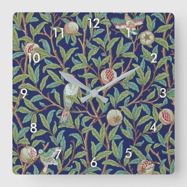 Pomegranate and Little Bird, William Morris Square Wall Clock (Front)