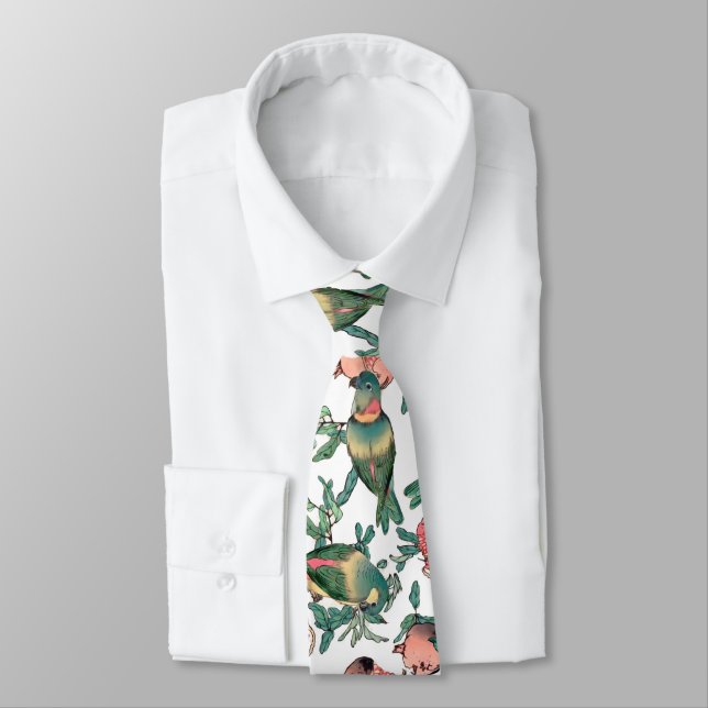 Pomegranate and Lovebirds Pattern Neck Tie (Tied)