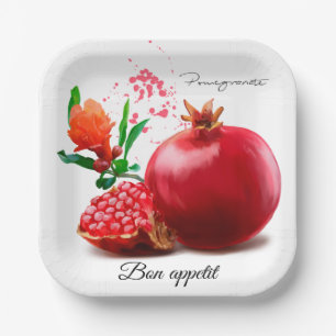Pomegranate and splatter. Watercolor illustration Paper Plates