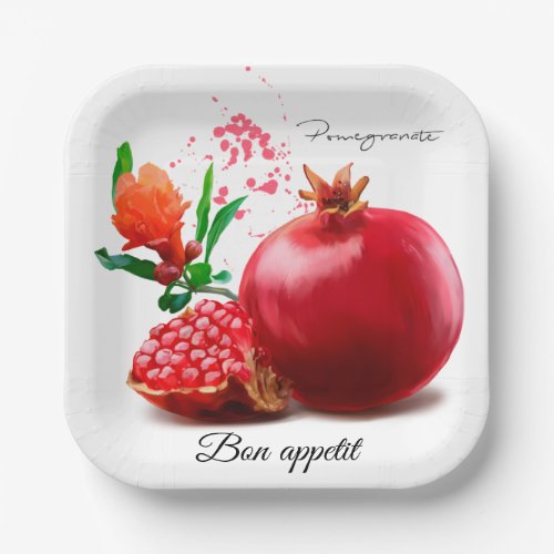 Pomegranate and splatter Watercolor illustration Paper Plates