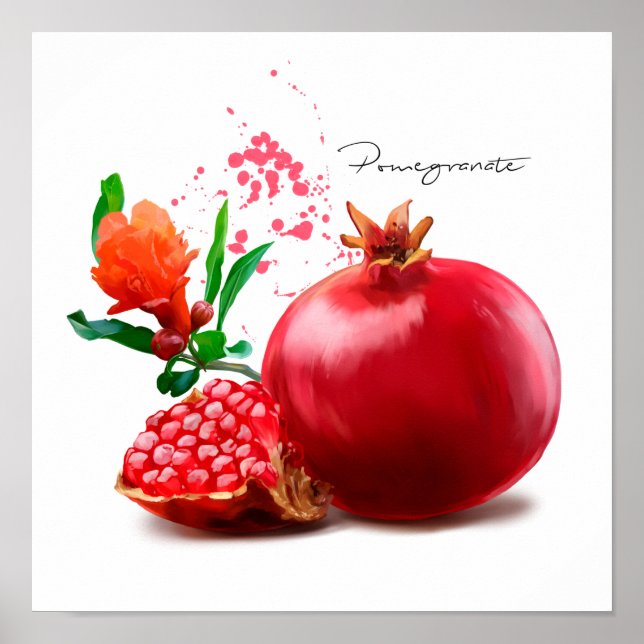 Pomegranate and splatter. Watercolor illustration Poster (Front)