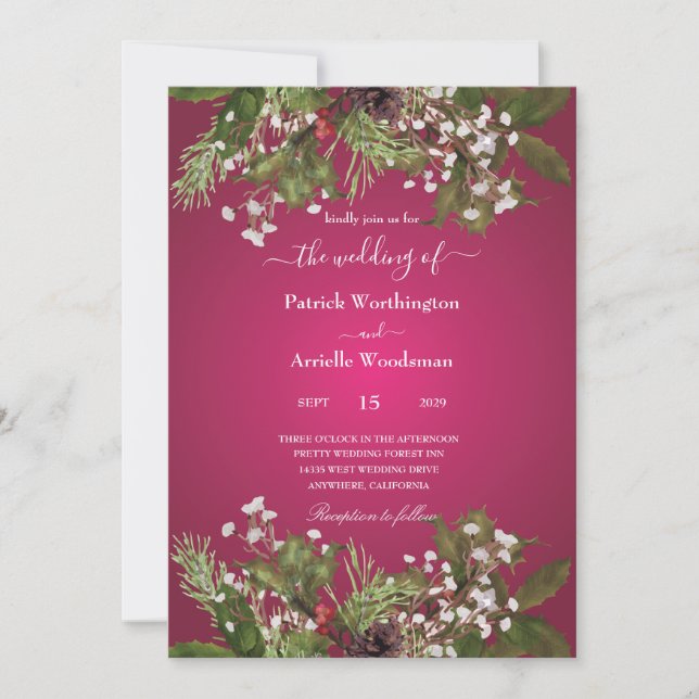 pomegranate color Christmas wedding invitations (Front)