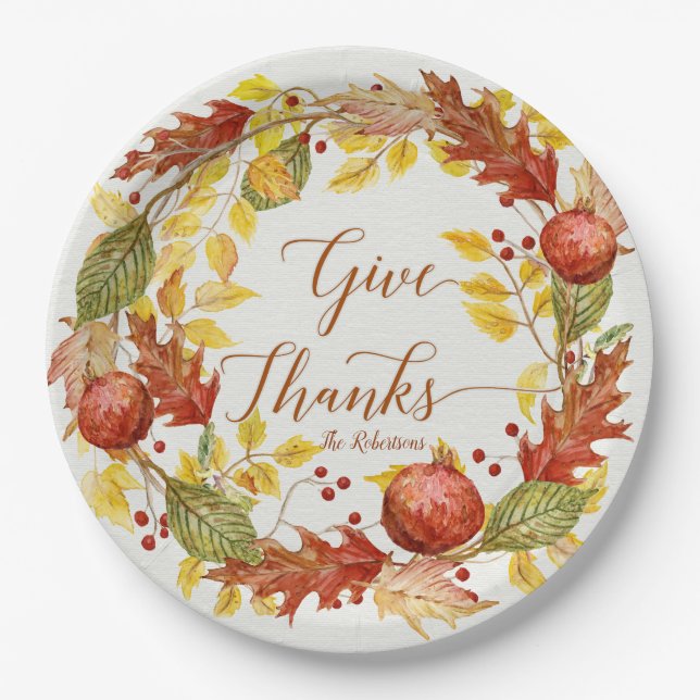 Pomegranate Fall Autumn Leaf Wreath Give Thanks Paper Plates (Front)