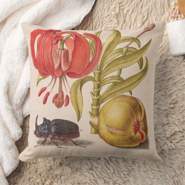 Pomegranate Flower, Fruit and Rhinoceros Beetle Throw Pillow (Blanket)