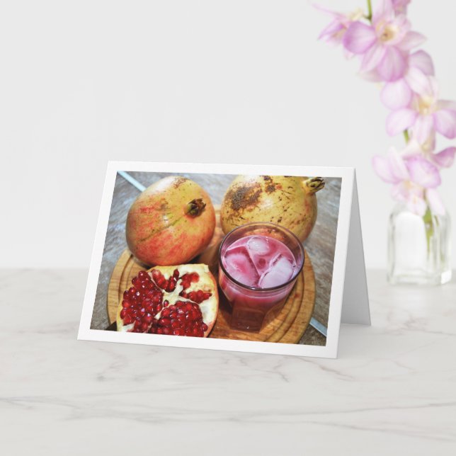 Pomegranate Fruit and Juiice on Chopping Board Card (Orchid)