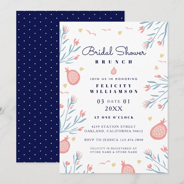 Pomegranate Fruit Floral Bridal Shower Invitation (Front/Back)